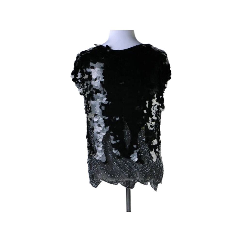 Vintage Black Silk Top with Beading, Large Sequin Discs Size Large